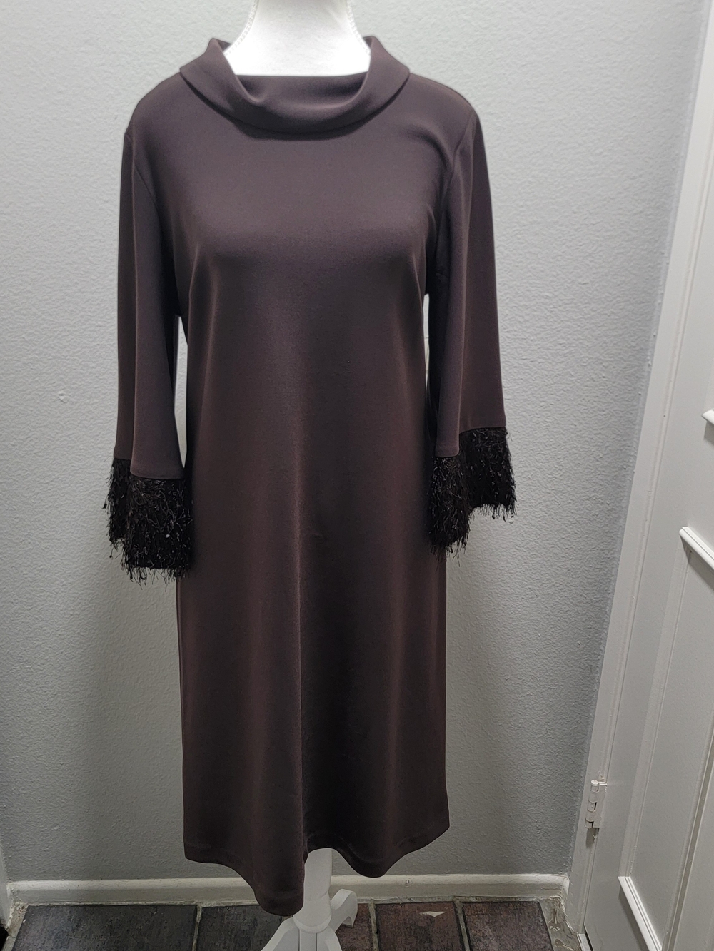 Joseph Ribkoff Dark Brown Shift Dress with Fringe Cuffs